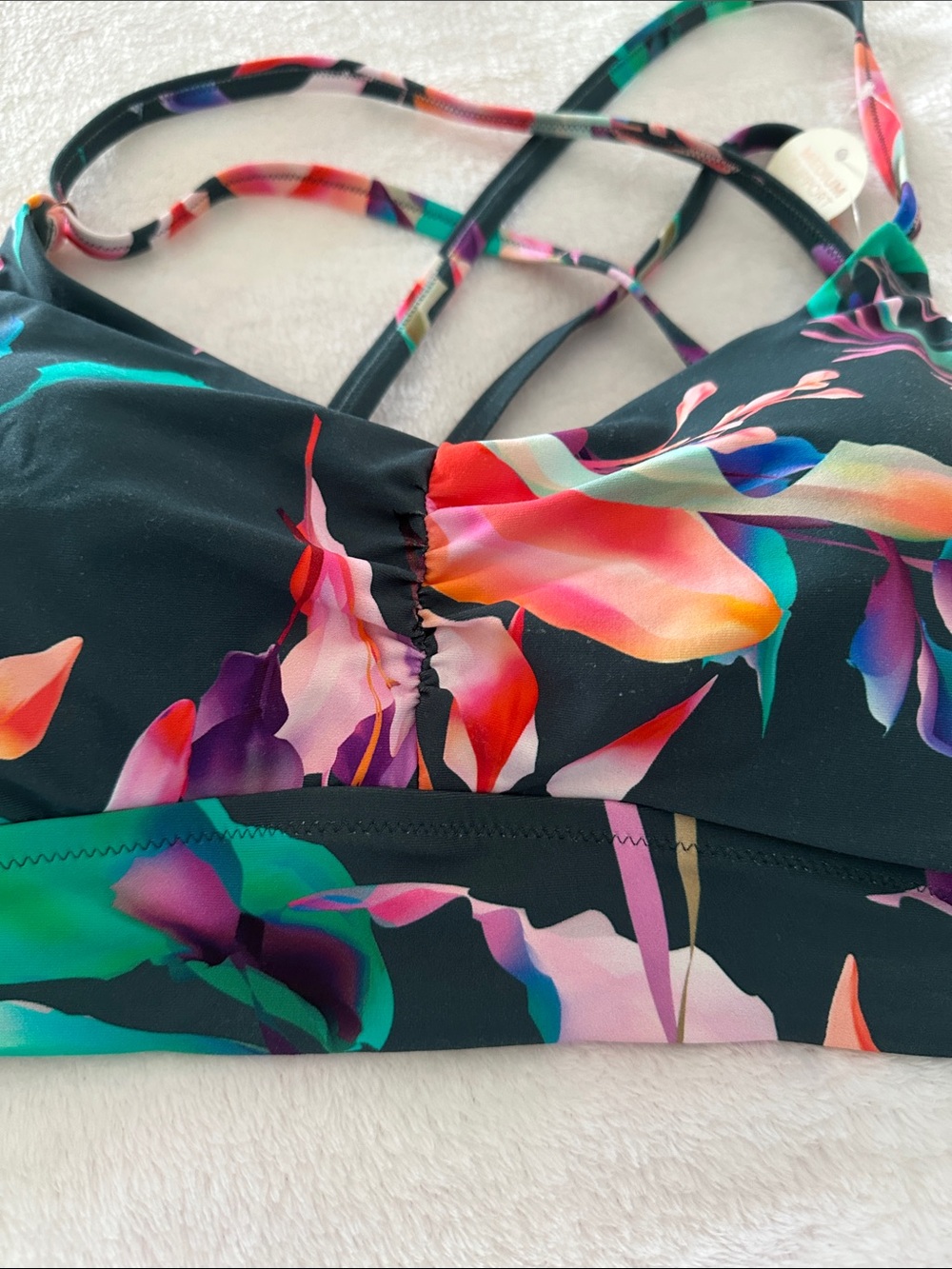 Calia Ruched Front cross bikini top multi colored print Large New - Picture 2 of 8